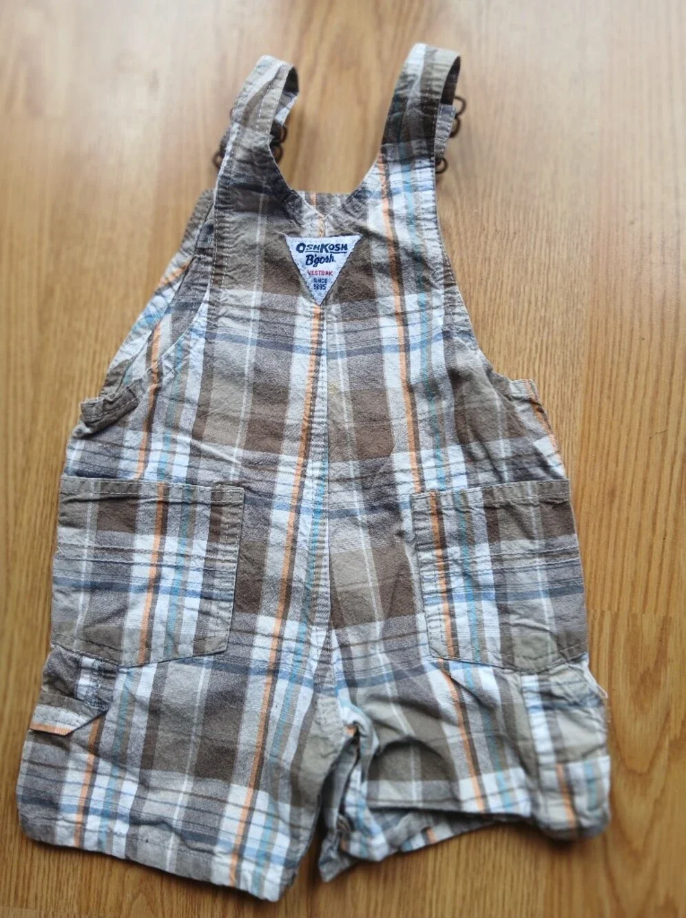 OshKosh B'gosh Brown, Blue & Tan Plaid Shortalls